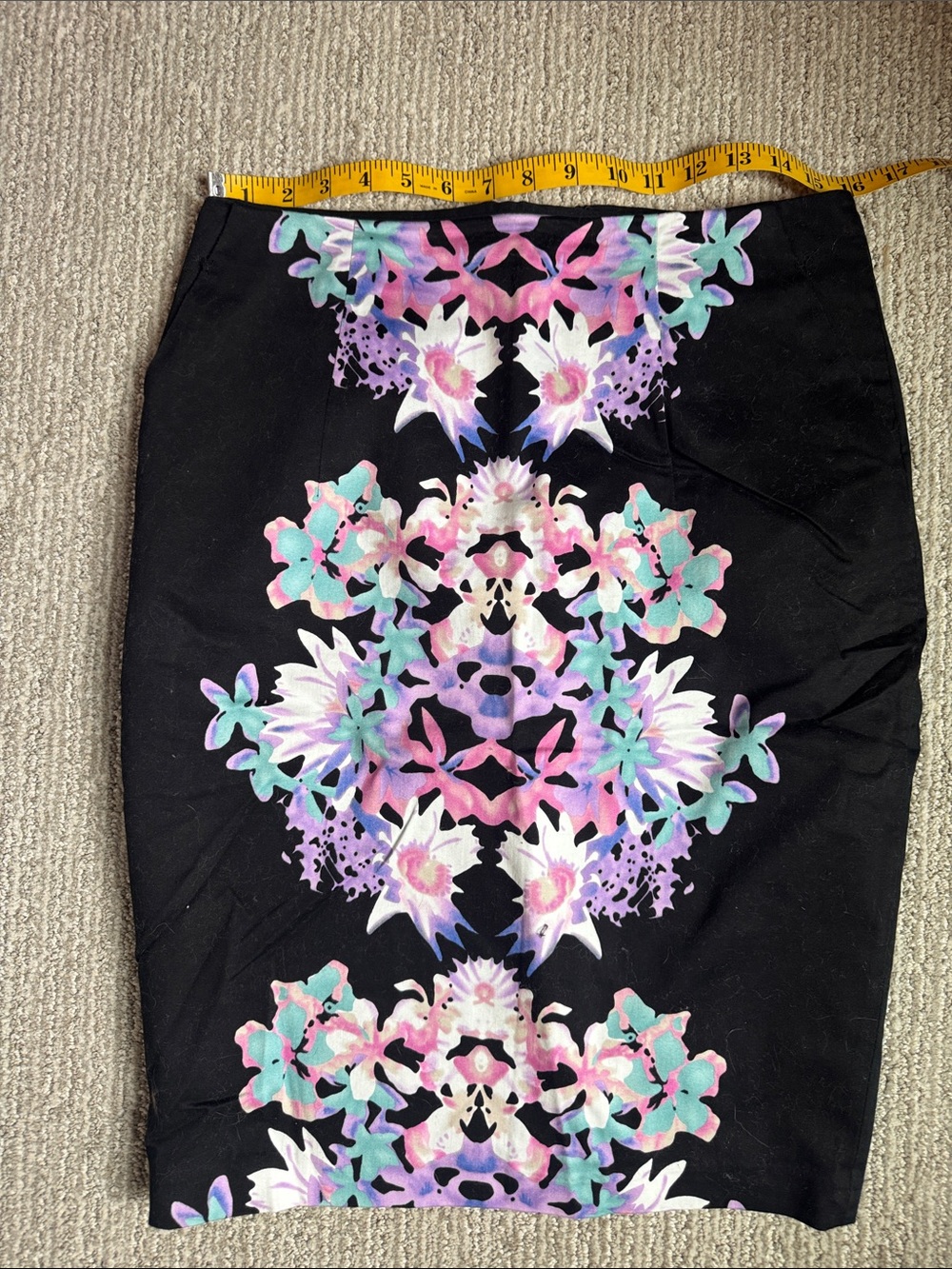 Black Floral-Print Pencil Skirt with Pastel Accents
